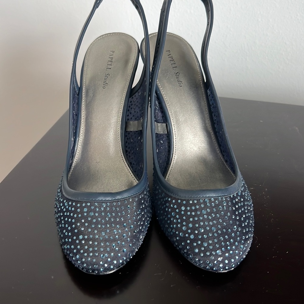 Glittery navy sling back heels